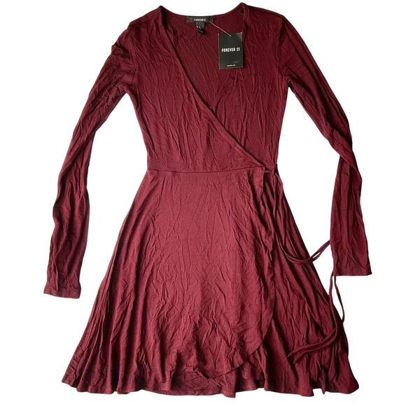 FOREVER 21 Women Dress size S LongSleeve V-neck KneeLength Stretchy Burgundy Red - Picture 1 of 9